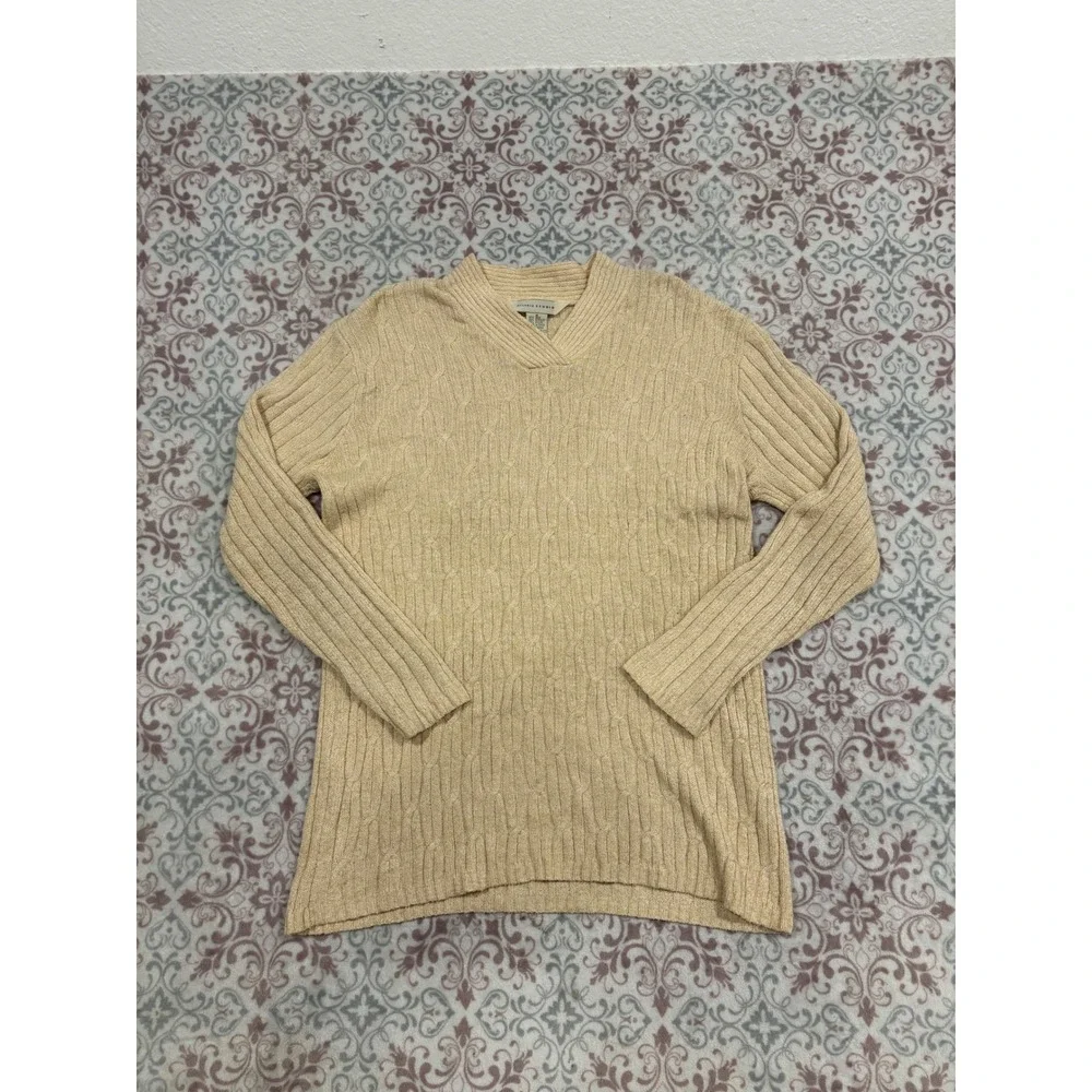 Melrose Studio Silk Blend Cable Knit V-Neck Sweater Tan Beige Medium